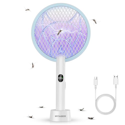 Nymrix Electric Fly Swatter Racket, 2 in 1 Mosquito Bug Zapper 4100v Handheld Mosquito Killer With 1800 Mah Rechargeable Battery, Purple Light and 3-Layer Safety Mesh for Indoor Outdoor Blue