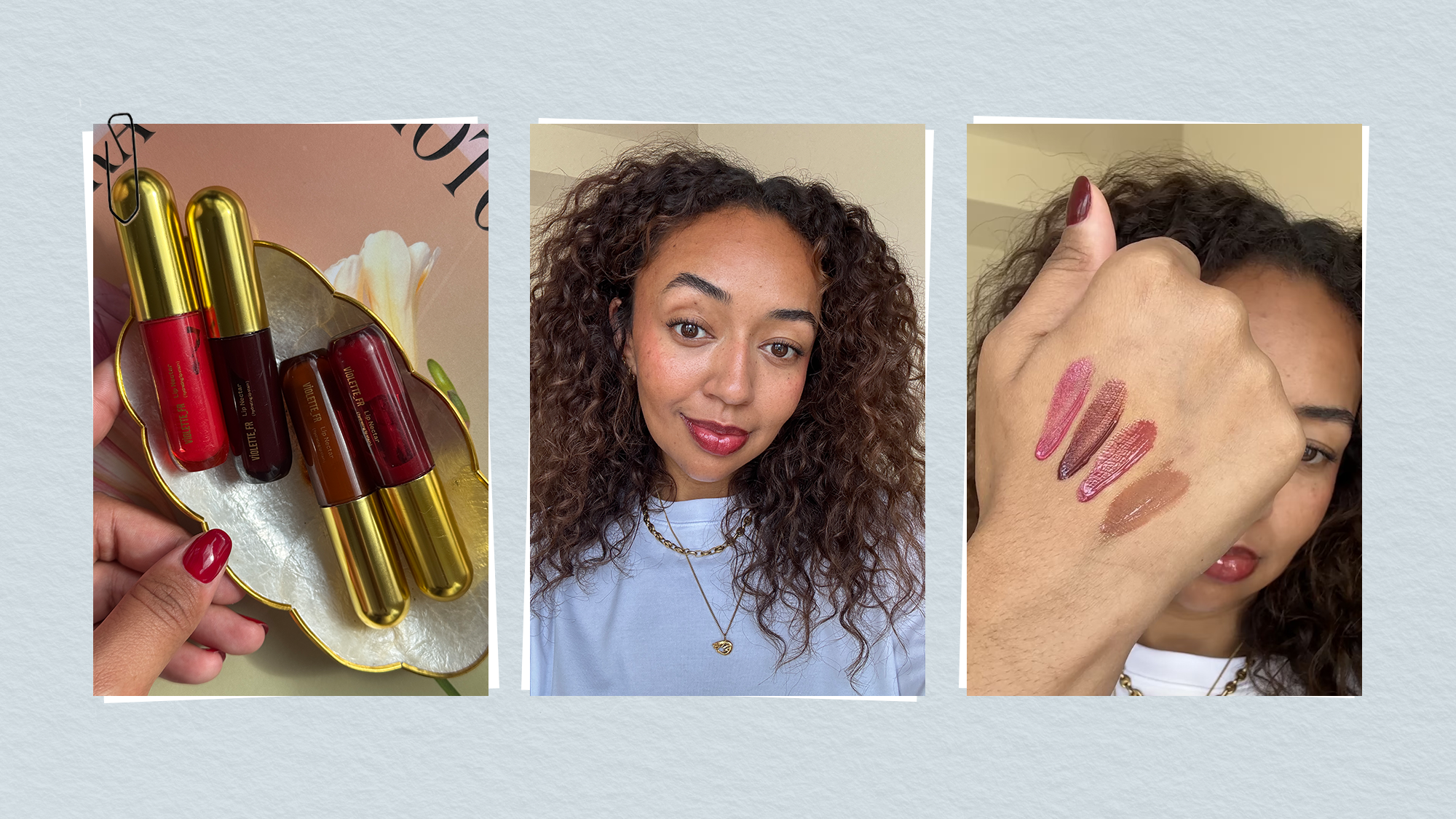 Hero image with Who What Wear UK contributor Rhea Carwright testing the Violette_FR Lip Nectar lip stains