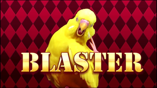 A screenshot of a yellow bird superimposed with the text "Blaster" in all-caps, from Hatoful Boyfriend.