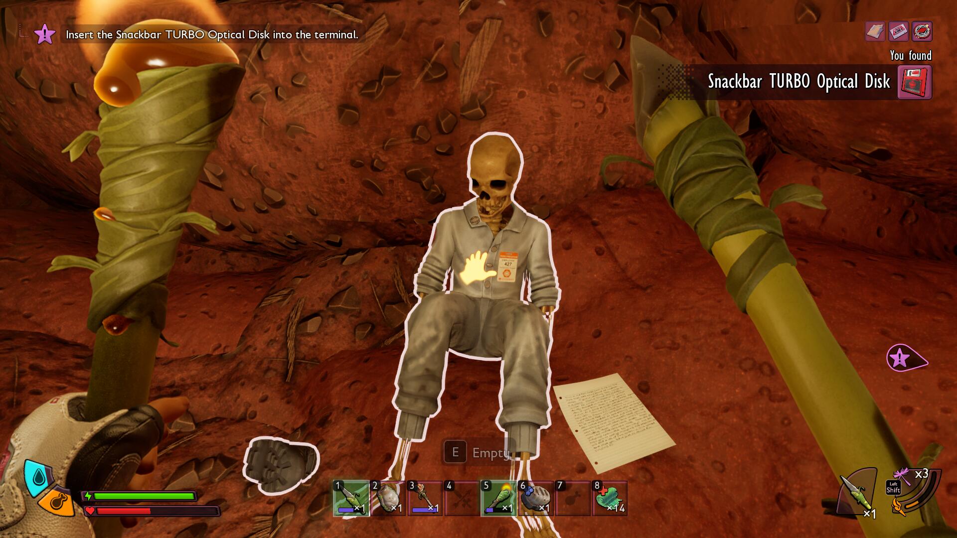Looting a skeleton in Grounded 2 for a Snackbar TURBO optical disk