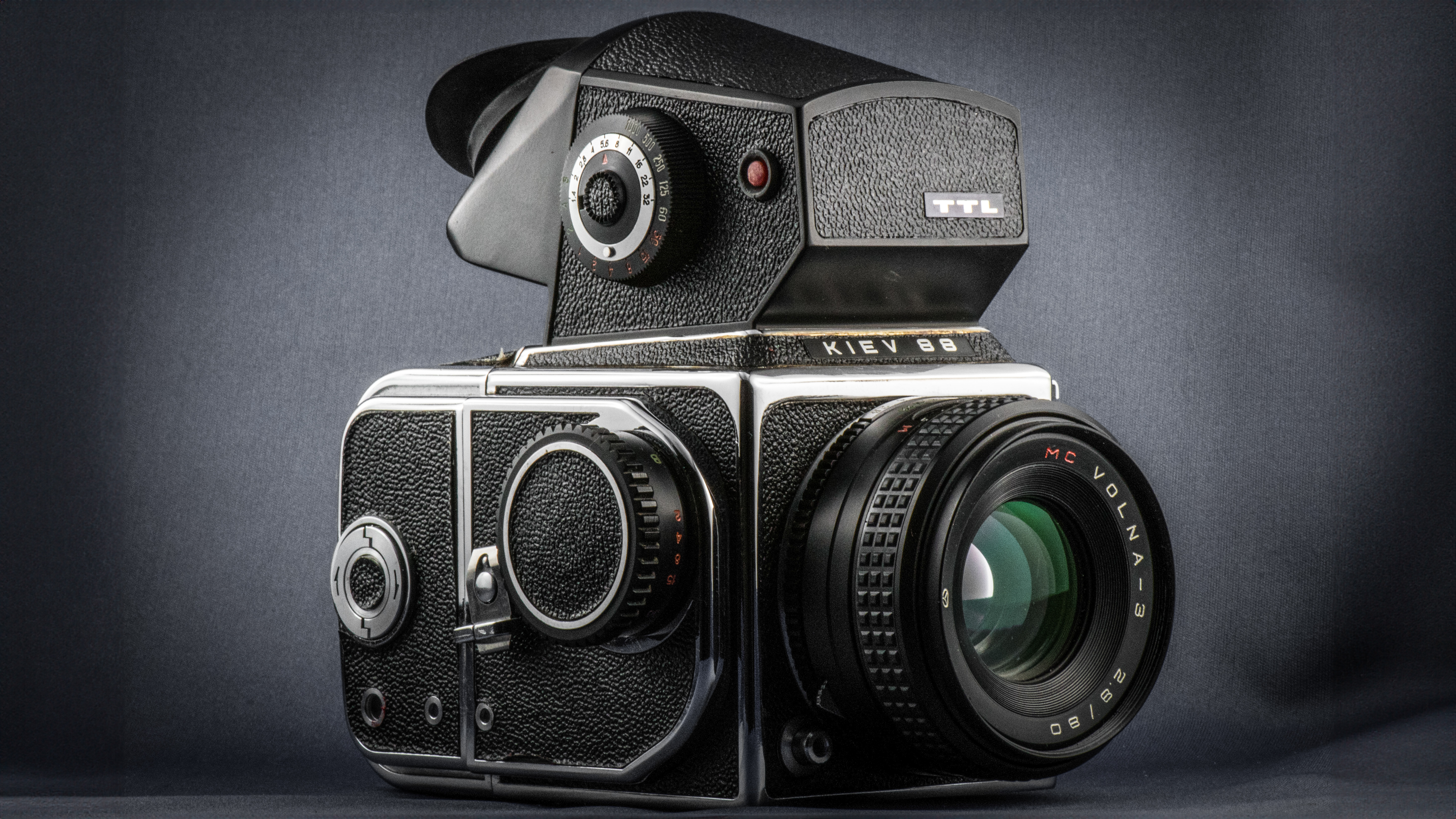 Ukrainian-made 6x6cm format TTL SLR camera,Kiev 88 TTL,6x6cm format TTL SLR camera that employs the Hasselblad F-type bayonet mount.As it is easy to say this is just a copy of Hasselblad 1000F, 80mm f/2.8 lens provides you high-quality image, and varieties of accessories - TTL eye-level finder, waist-level finder, UV and YG filters, eye cap, and so forth - are included wiht it as standard, and what's more, some of the Carl-Zeiss lenses designed for Hasselblad 1000F are available on it. on January 30, 2019 in Rome, Italy. (Photo by Andrea Ronchini/NurPhoto via Getty Images)