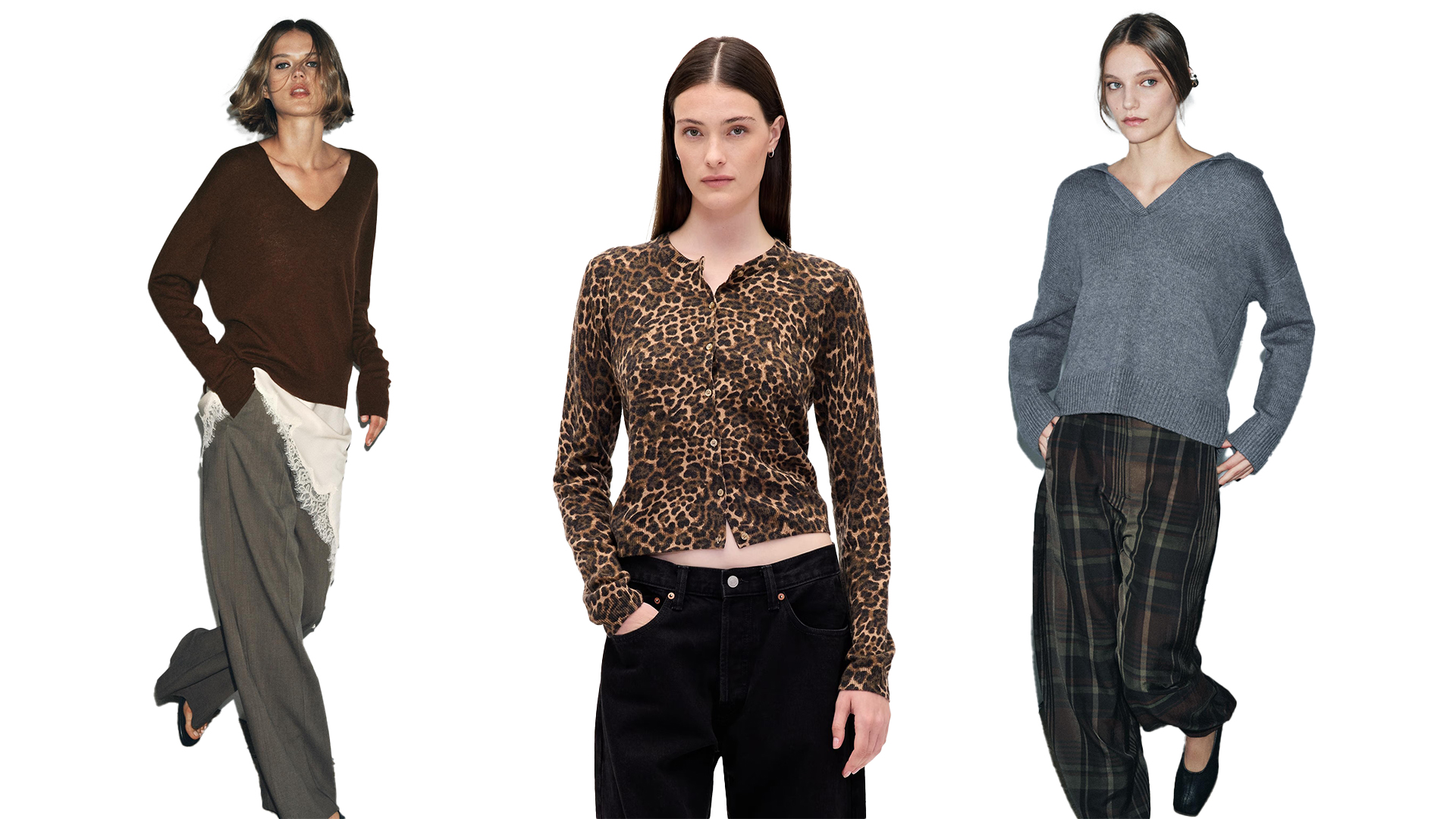 model wears brown sweater lace scarf and trousers, another model wears leopard print cardigan and black jeans, one model wears gray sweater, plaid pants and square toe black flats