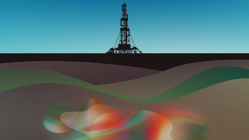 Collage representing a gas reservoir in Earth&#039;s crust with drilling equipment at the surface.