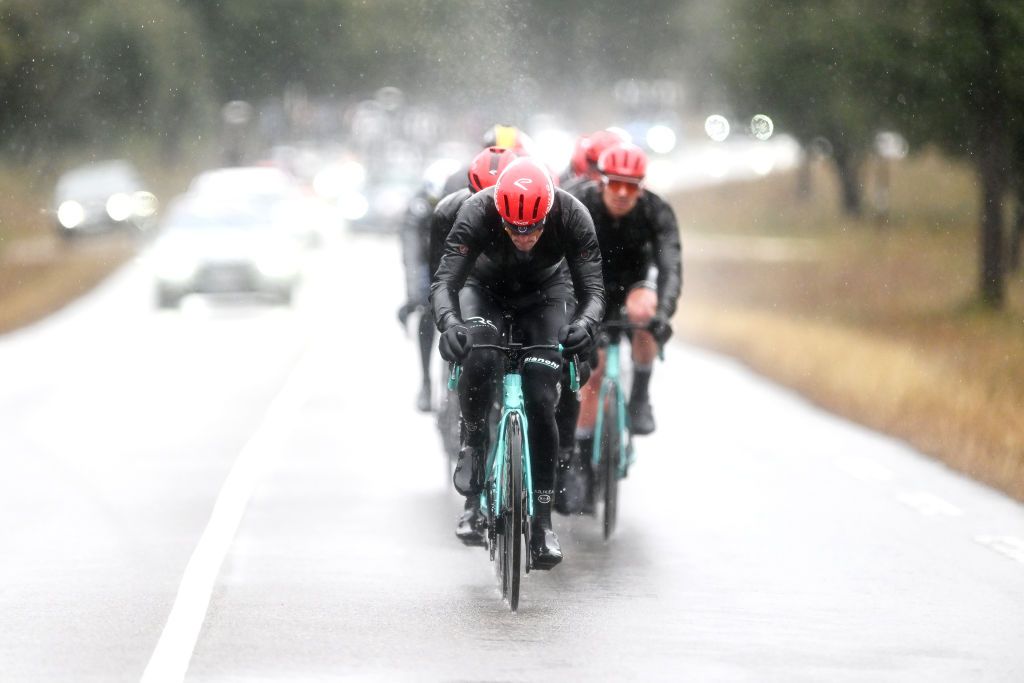 LE MONT BOUQUET FRANCE FEBRUARY 08 Arnaud Demare of France and Team Arkea BB Hotels Yellow Points Jersey leads the peloton during the 55th Etoile de Besseges Tour du Gard 2025 Stage 4 a 135km stage from Vauvert to Le Mont Bouquet 617m Race shortened due to adverse weather conditions on February 08 2025 in Le Mont Bouquet France Photo by Billy CeustersGetty Images