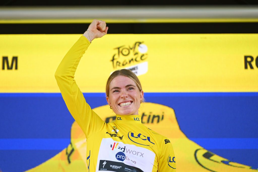 ROTTERDAM NETHERLANDS AUGUST 13 Demi Vollering of The Netherlands and Team SD Worx Protime celebrates at podium as Yellow leader jersey winner during the 3rd Tour de France Femmes 2024 Stage 3 a 679km individual time trial stage from Rotterdam to Rotterdam UCIWWT on August 13 2024 in Rotterdam Netherlands Photo by Dario BelingheriGetty Images