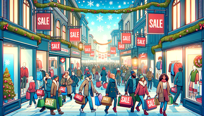 An image showing a bustling shopping street with happy shoppers and festive decorations.