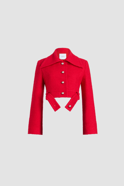 Belted Cropped Jacket in Sustainable Wool Blend Tweed - No Label Scarlet Red - 34