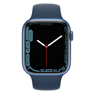 a product image of the blue Apple Watch Series 7 on a white background