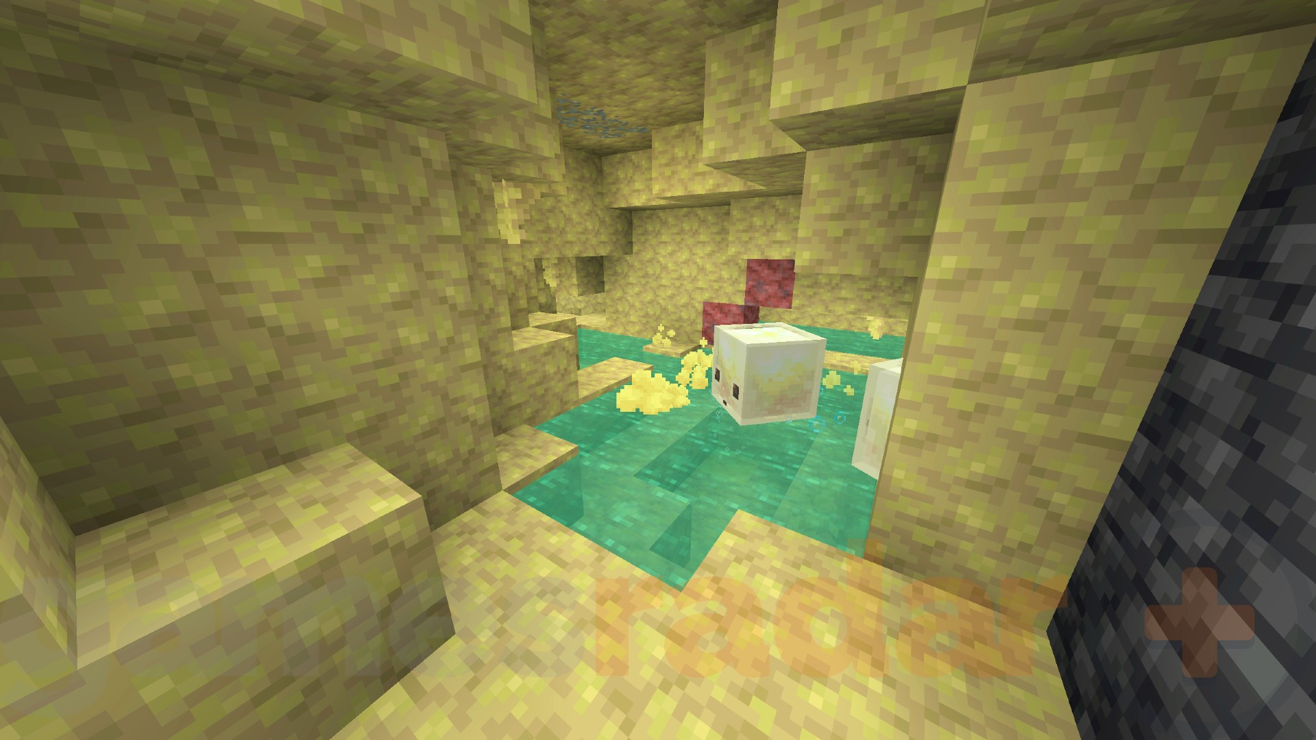 Two Sulfur Cubes sit in a pool of water in the Sulfur Cave Minecraft biome.