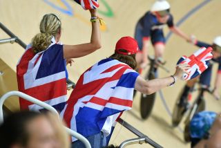 British fans celebrate as their riders set a new world record in the qualifying round of the 2016 Olympic team pursuit (Watson)