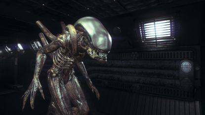 Alien: Isolation screenshot of a xenomorph walking though a dimly lit space ship interior