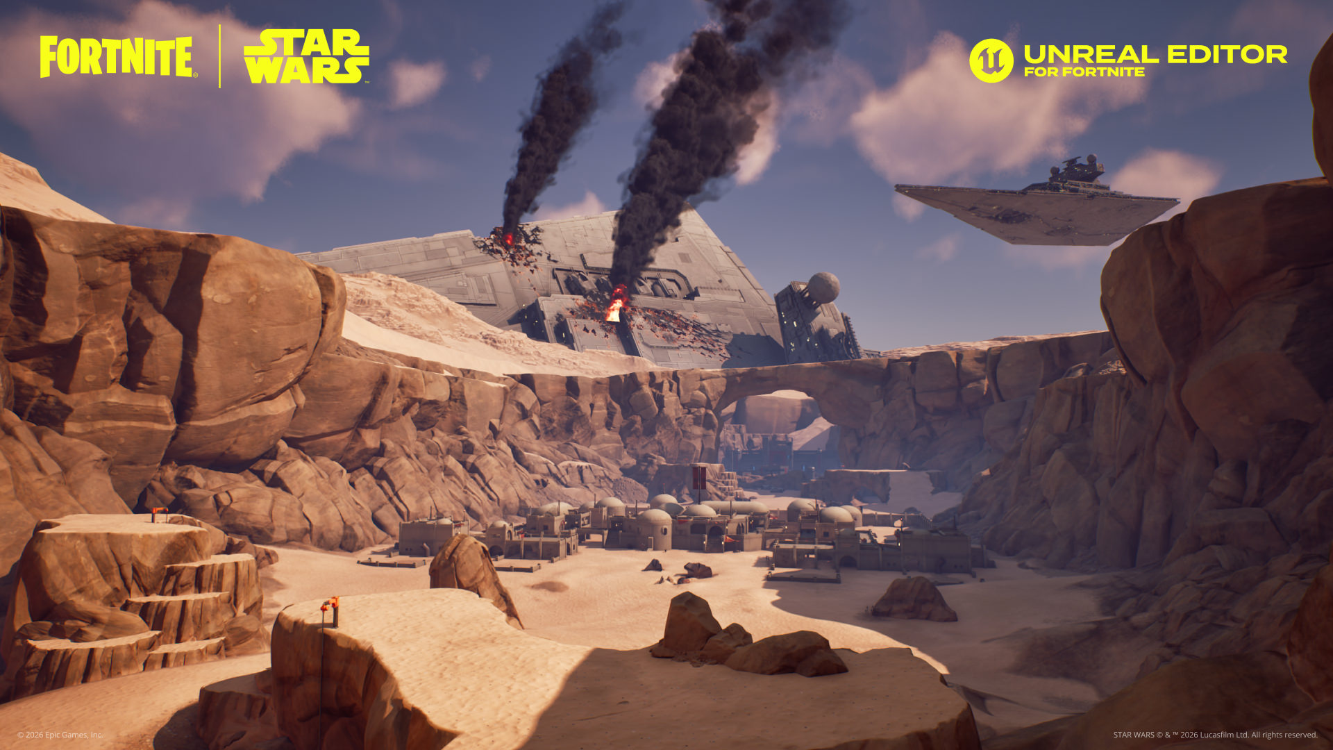 Epic Games Star Wars toolkit image of a crashed Star Destroyed on a desert planet