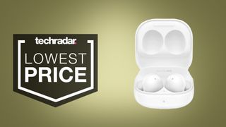 Samsung Galaxy Buds Live on khaki background with 'lowest price' text overlay
