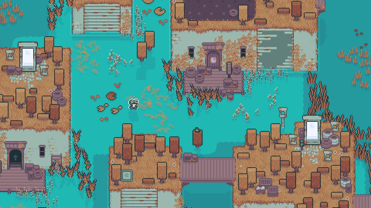 A screenshot from game Mudborne of a little humanoid frog in a marsh