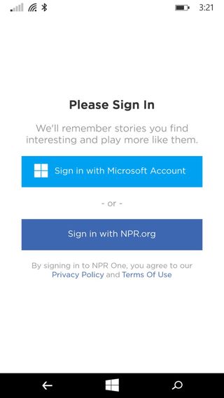 You can log in to NPR One with your Microsoft account or create a new one