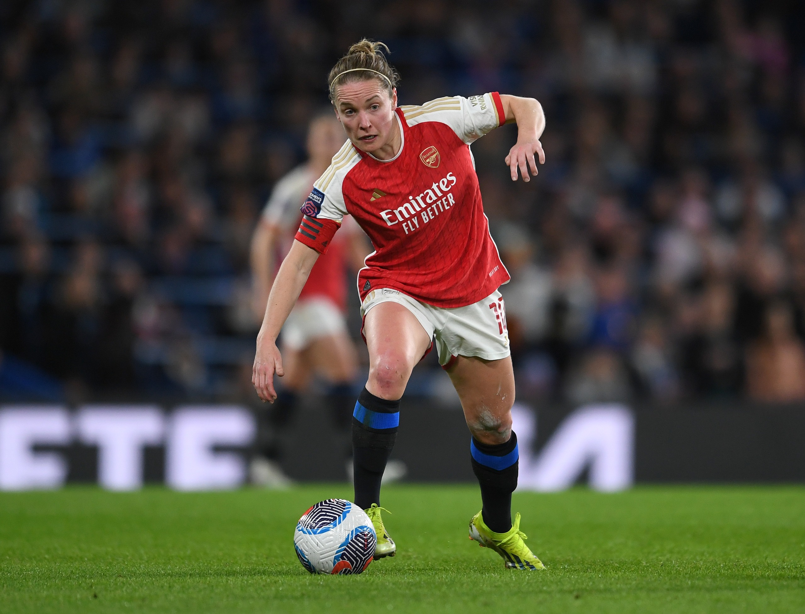 LONDON, ENGLAND - MARCH 15: Kim Little of Arsenal wears wrong socks - Barclays Women&amp;acute;s Super League match between Chelsea FC and Arsenal FC at Stamford Bridge on March 15, 2024 in London, England.