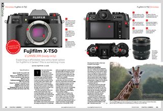 Photo of the first two pages of the Fujifilm X-T50 hands-on review, in the August 2024 issue of Digital Camera magazine