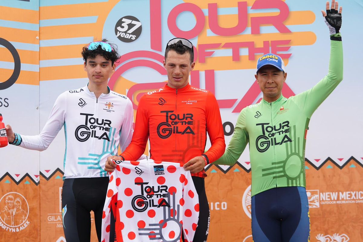 The jersey holders of the Tour of the Gila after stage 1: Kieran Haug (CS Velo) in the white youth jersey, Wilmar Paredes (Team Medell&iacute;n) leads both the overall and KOM classifications while Ignacio de Jesus Prado Juarez (Canel&rsquo;s-Java) is in green
