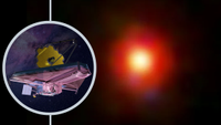 (Main) a mysterious Little Red Dot seen in the early universe by the JWST (Inset) an illustration of the powerful space telescope
