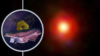 (Main) a mysterious Little Red Dot seen in the early universe by the JWST (Inset) an illustration of the powerful space telescope