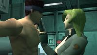 Sniper Wolf taunts Solid Snake, who is strapped to a torture table.