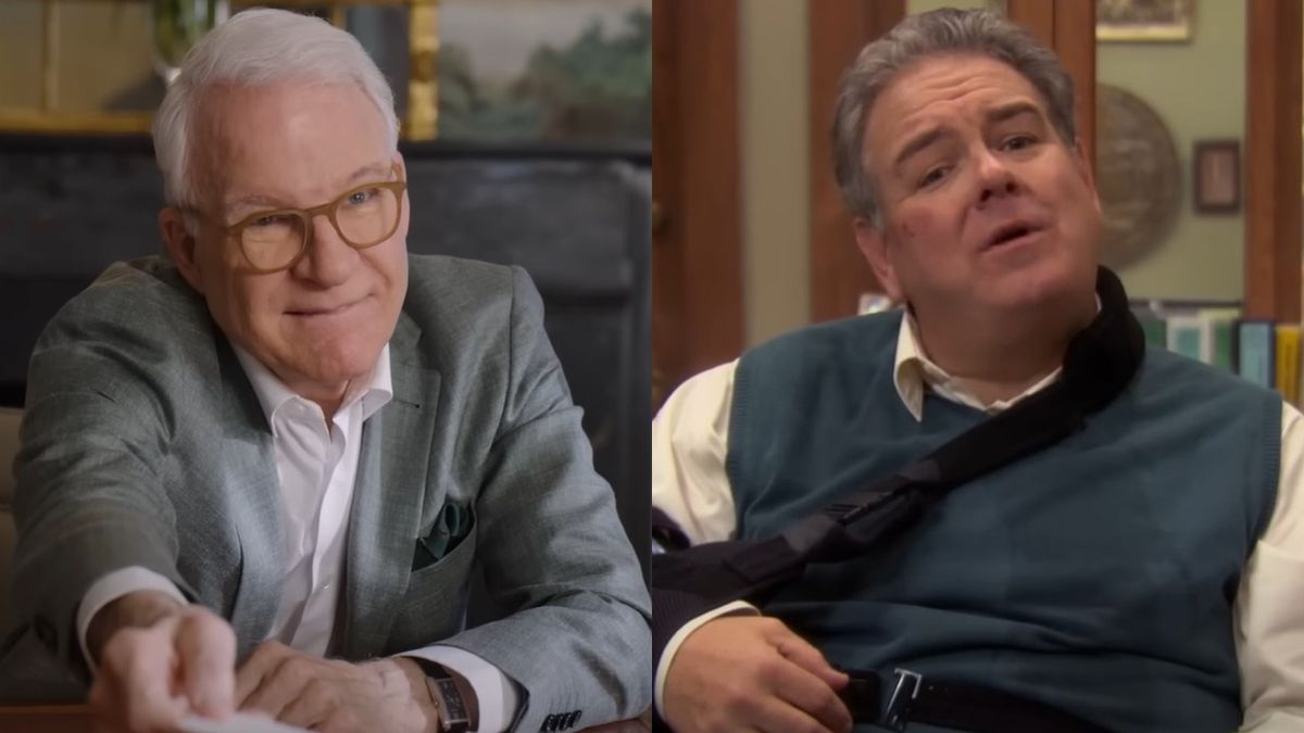 Steve Martin passing a piece of paper across a table in Only Murders in the Building and Jim O&#039;Heir wearing a sling on Parks and Rec.