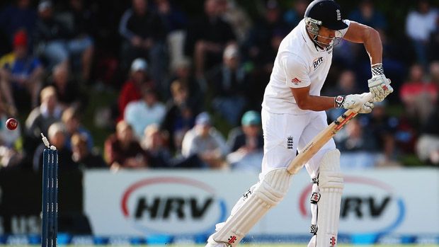 DUNEDIN, NEW ZEALAND - MARCH 07: Nick Compton of England is bowled by Tim Southee of New Zealand during day two of the First Test match between New Zealand and England at University Oval on M