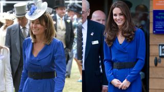 Carole and Kate Middleton wearing the same blue dress on different occasions
