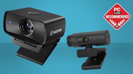 Two webcams pictured on a blue gradient background with a PC Gamer Recommended badge.