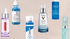 Collage of the best hyaluronic acid serums on a grey background (L-R) including, L'Oréal Paris, La Roche-Posay, CeraVe, Vichy, Lumene and Kate Somerville