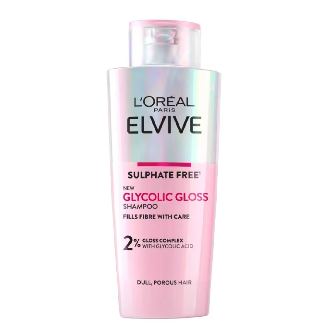 A product shot of the L&#039;Oreal Paris Elvive Glycolic Gloss Sulphate Free Shampoo, on a white background