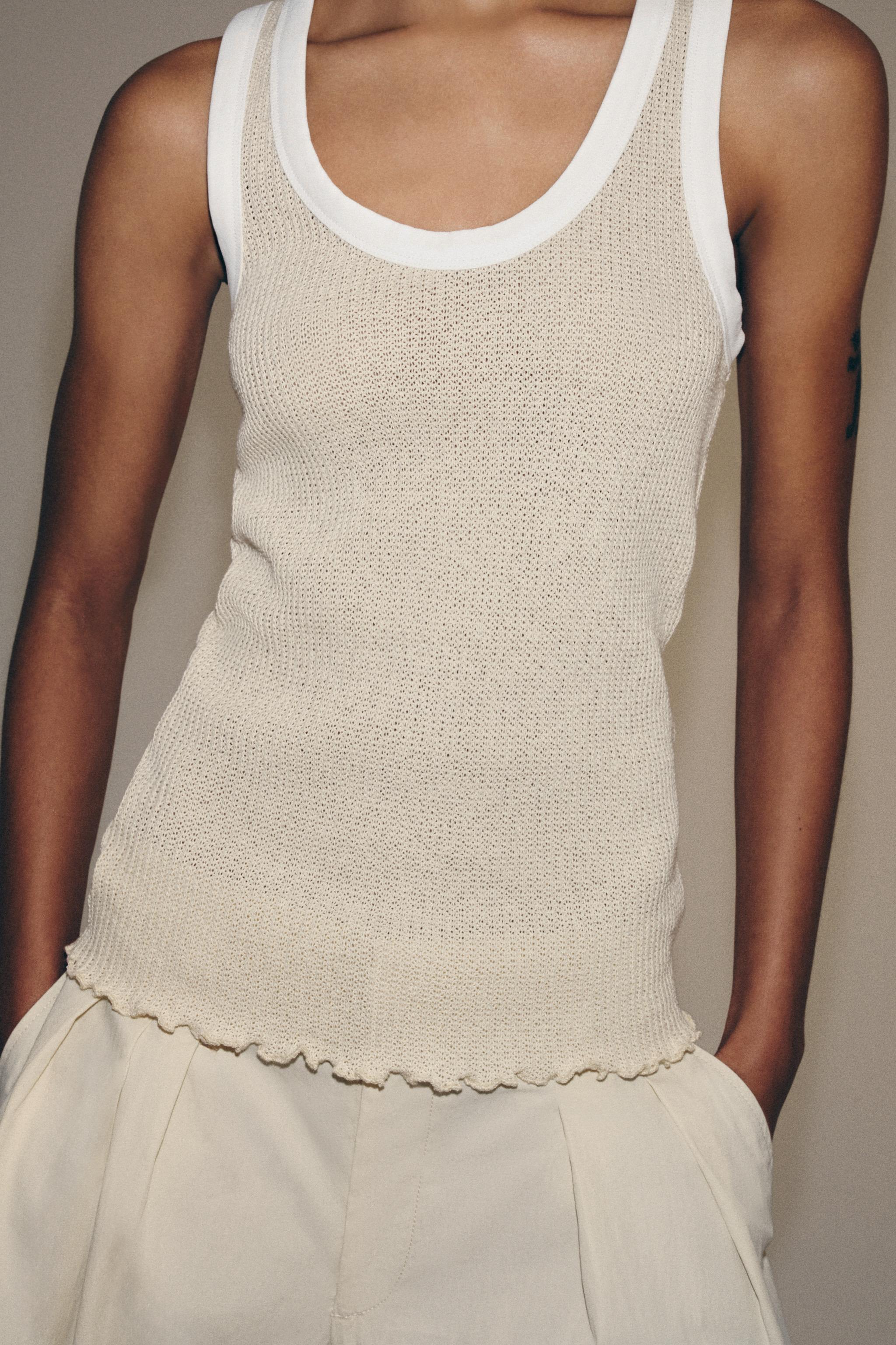 Contrast Piping Top - Beige - S