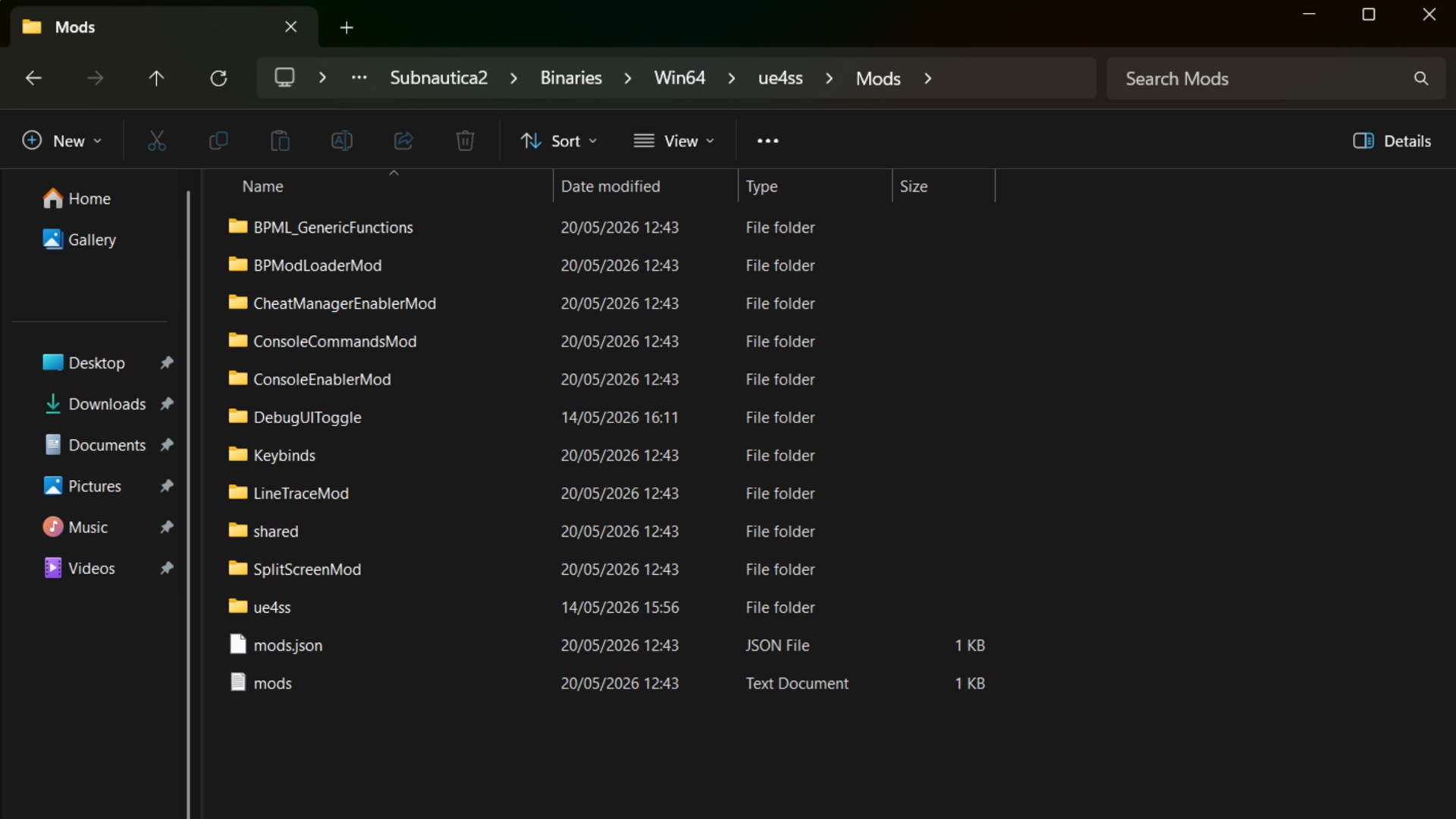 The Windows file explorer showing the Subnautica 2 mods folder.