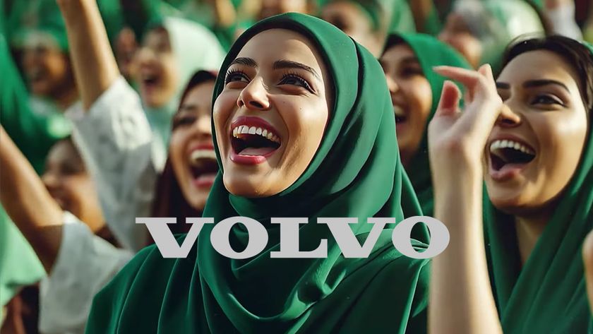 Volvo logo over an image from a Volvo AI advert