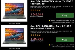 Acer Swift X 16 listings