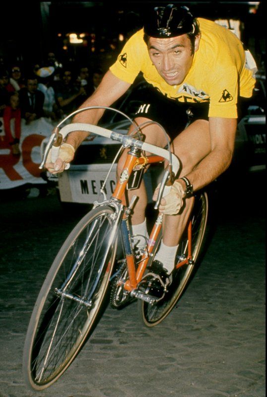 A familiar sight of Eddy Merckx wearing the maillot jaune