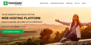 GreenGeeks homepage featuring happy woman on hill