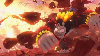 Donkey Kong punching through rocks in Donkey Kong Bananza