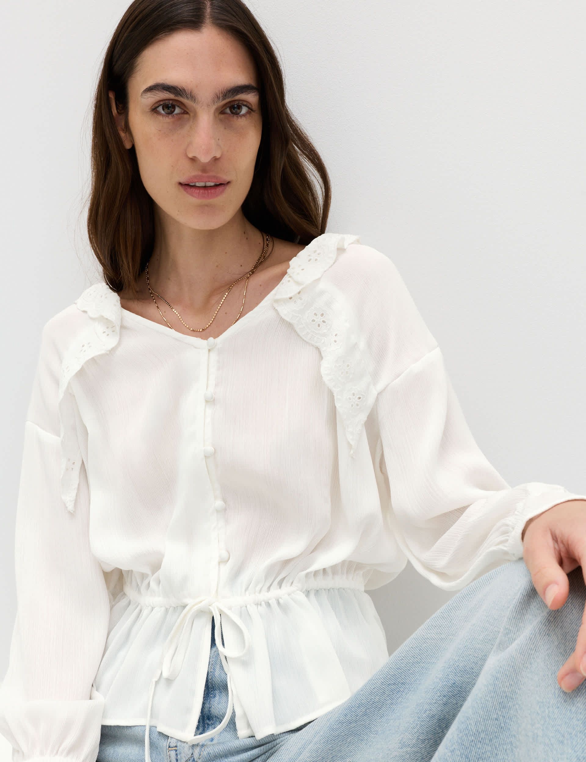 Broderie V-Neck Frill Detail Blouse