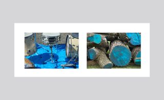 LEFT: Drum set on blue tarpaulin at flea market; RIGHT: piled on logs of wood with blue paint