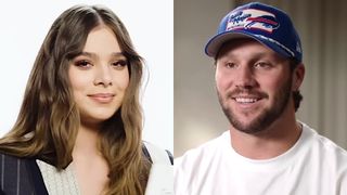 Hailee Steinfeld is shown at a Wired interview, whiel Josh Allen is interviewed by ESPN.