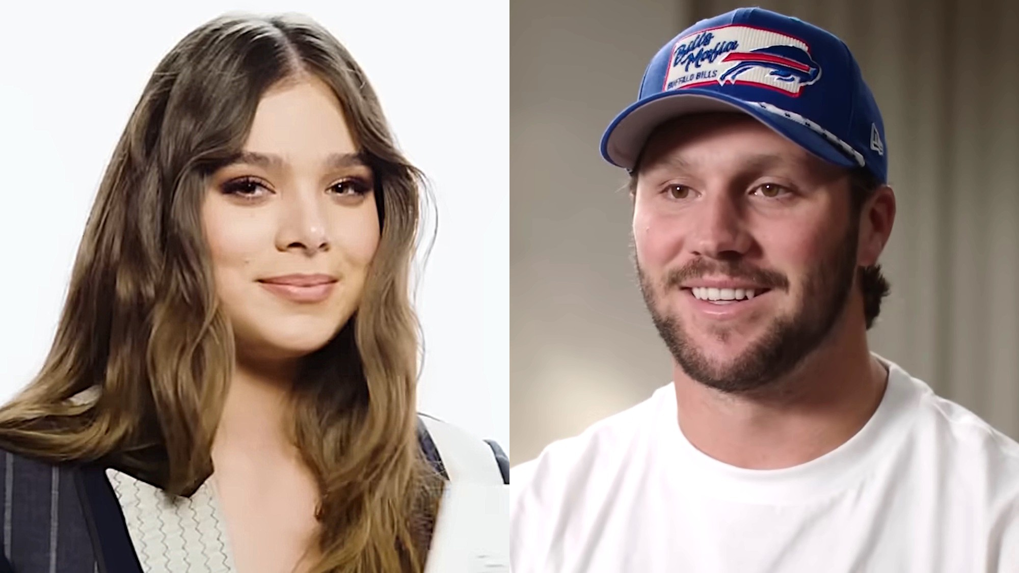 Hailee Steinfeld is shown at a Wired interview, whiel Josh Allen is interviewed by ESPN.
