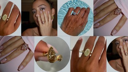 Collage of colored diamond engagement rings from Brilliant Earth, James Allen, and Aaryah