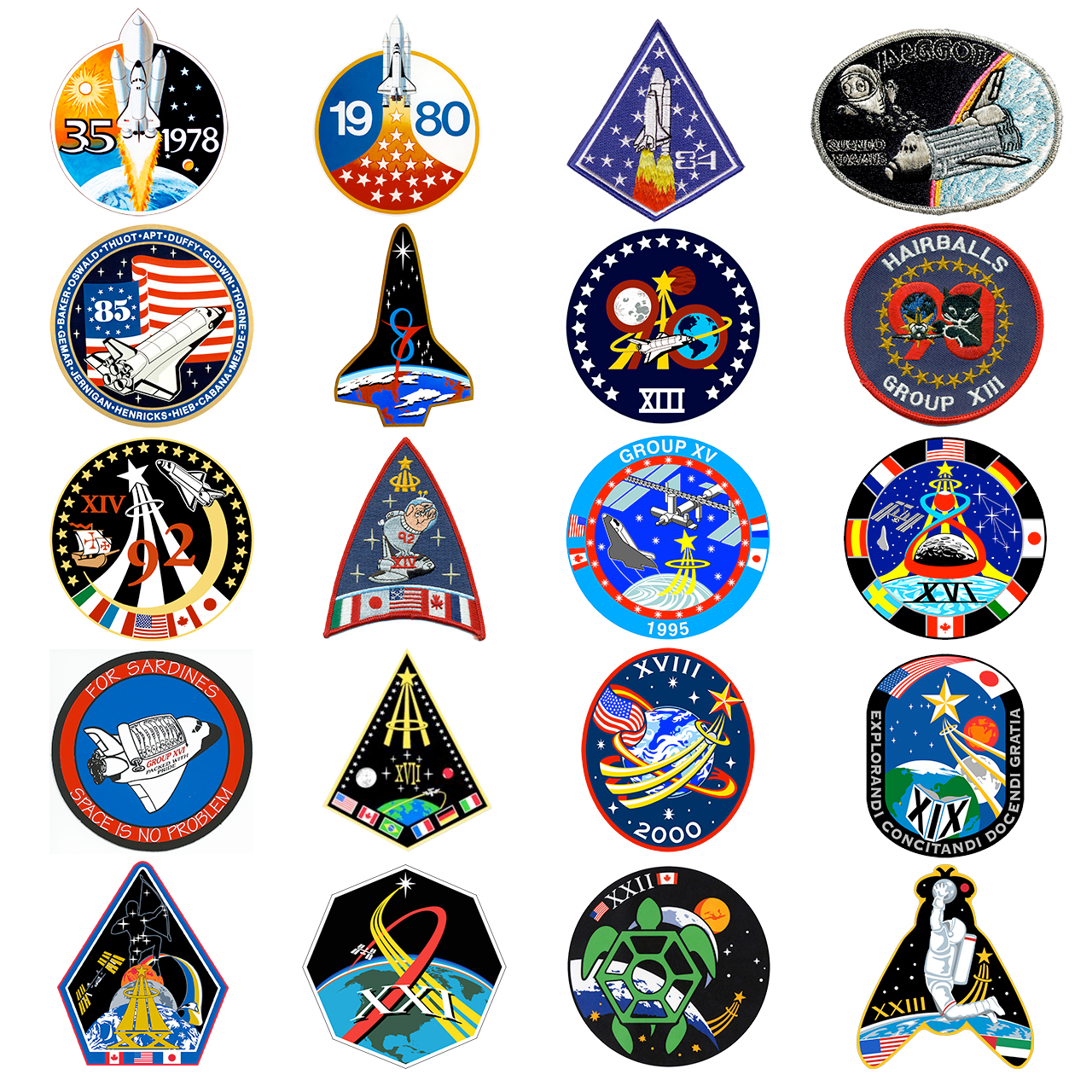 NASA astronaut class patches, from Group 8 (1978) through Group 23 (2022), including nickname patches.