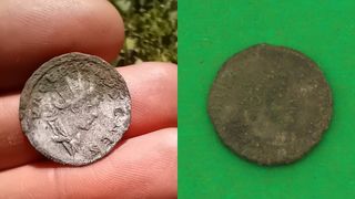 Two close-ups of the Roman coins found at the site