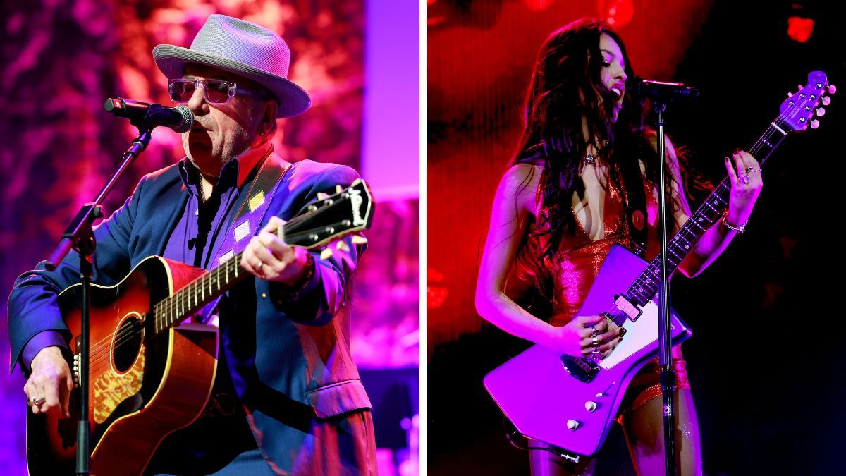 Left-Elvis Costello performs at the Class of 2024 Medallion Ceremony at Country Music Hall of Fame and Museum on October 20, 2024 in Nashville, Tennessee; Right-Olivia Rodrigo performs onstage for the kick off of GUTS World Tour at Acrisure Arena on February 23, 2024 in Palm Springs, California. 