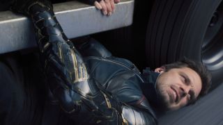 Bucky holding on for dear life in The Falcon and the Winter Soldier.