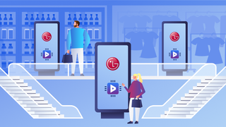 An illustration portraying people watching digital signage, which now functions more seamlessly with the LG and Broadsign partnership.