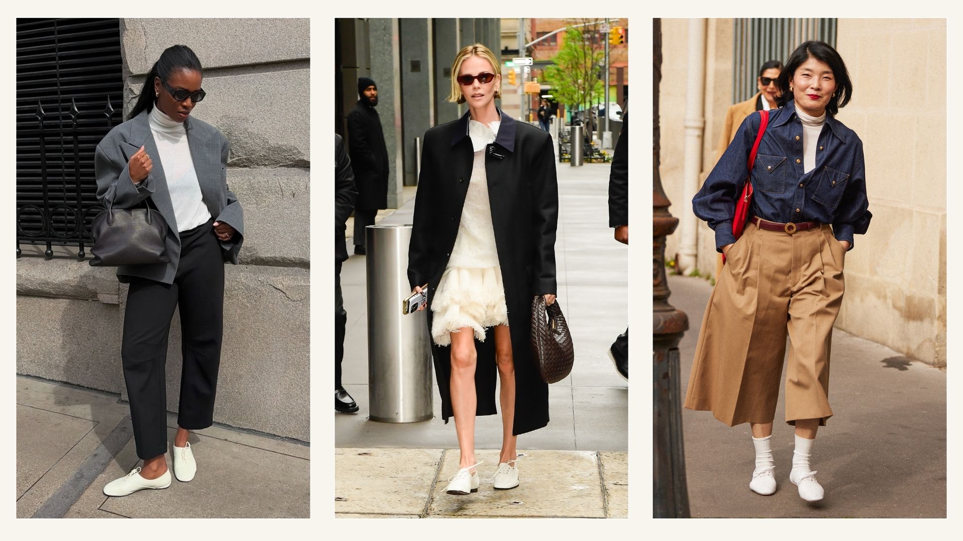 Collage of influencers and celebrities wearing white derby shoes.