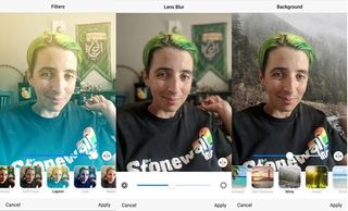 Options on FaceApp include filters, lens blur, and backgrounds
